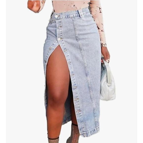 Size Large Long Light Blue Denim Button Up Skirt 90s Style Streetwear - Picture 1 of 9